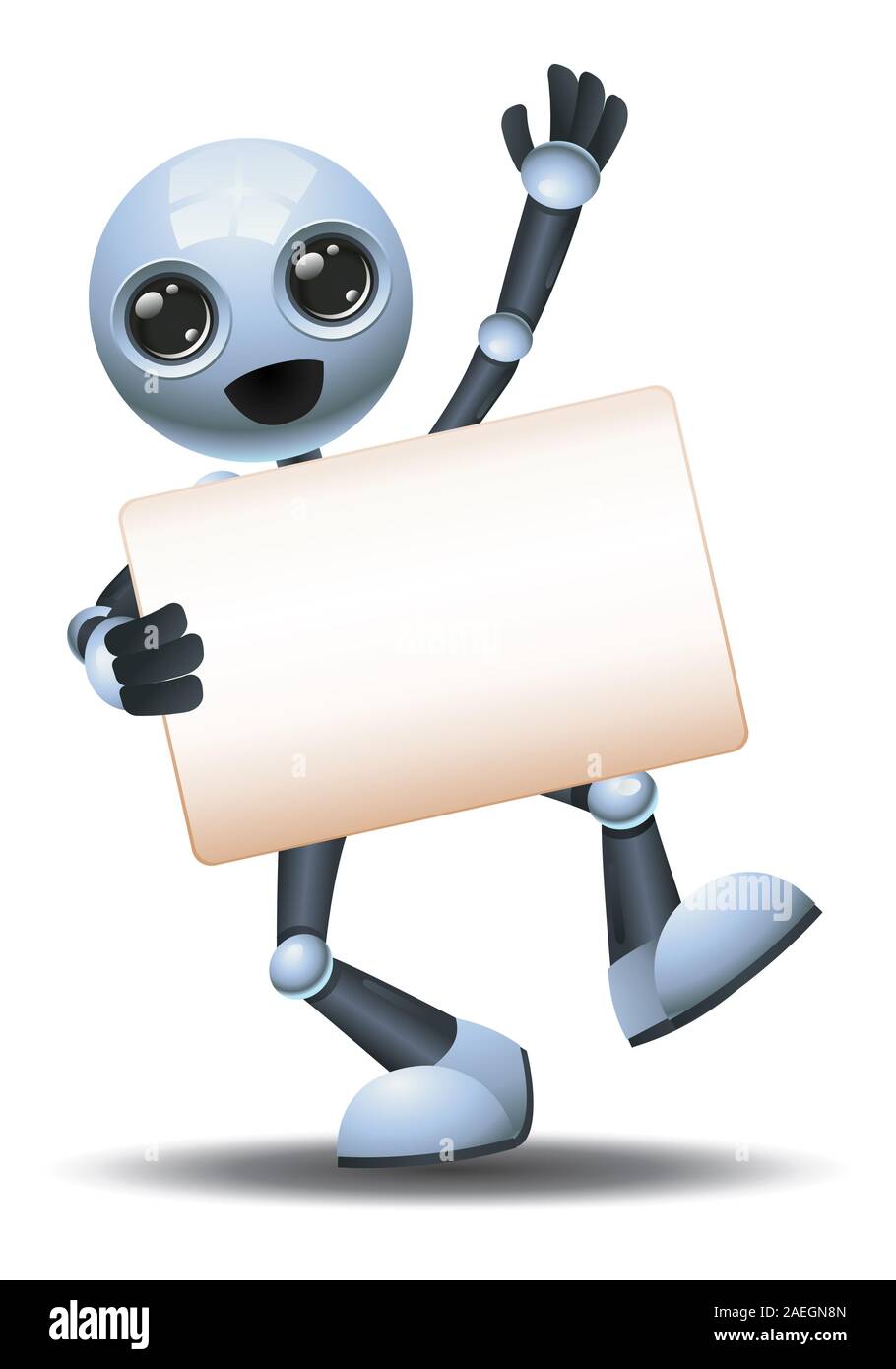 3D-Darstellung der kleine Roboter halten leere Zeichen Kommunikation in fröhliche Stimmung auf dem isolierten weißen Hintergrund Stockfoto