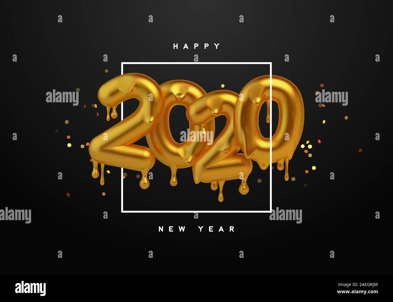 Frohes Neues Jahr 2020 Grußkarte, realistische 3D-drip Typographie Zeichen mit luxuriösen goldenen Glitzer auf schwarzem Hintergrund. Geschmolzene glänzend metallisch Typ Stock Vektor
