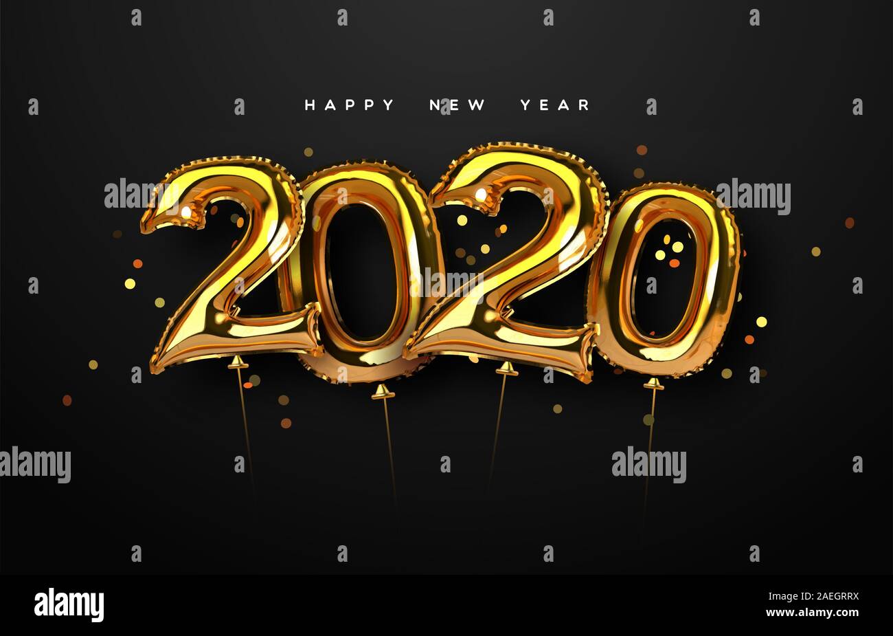 Frohes Neues Jahr 2020 Grußkarte, 3D gold Folie ballon Kalender Anzahl in Luxus Gold Farbe mit Party Konfetti für Urlaub Einladung zur Veranstaltung oder seaso Stock Vektor