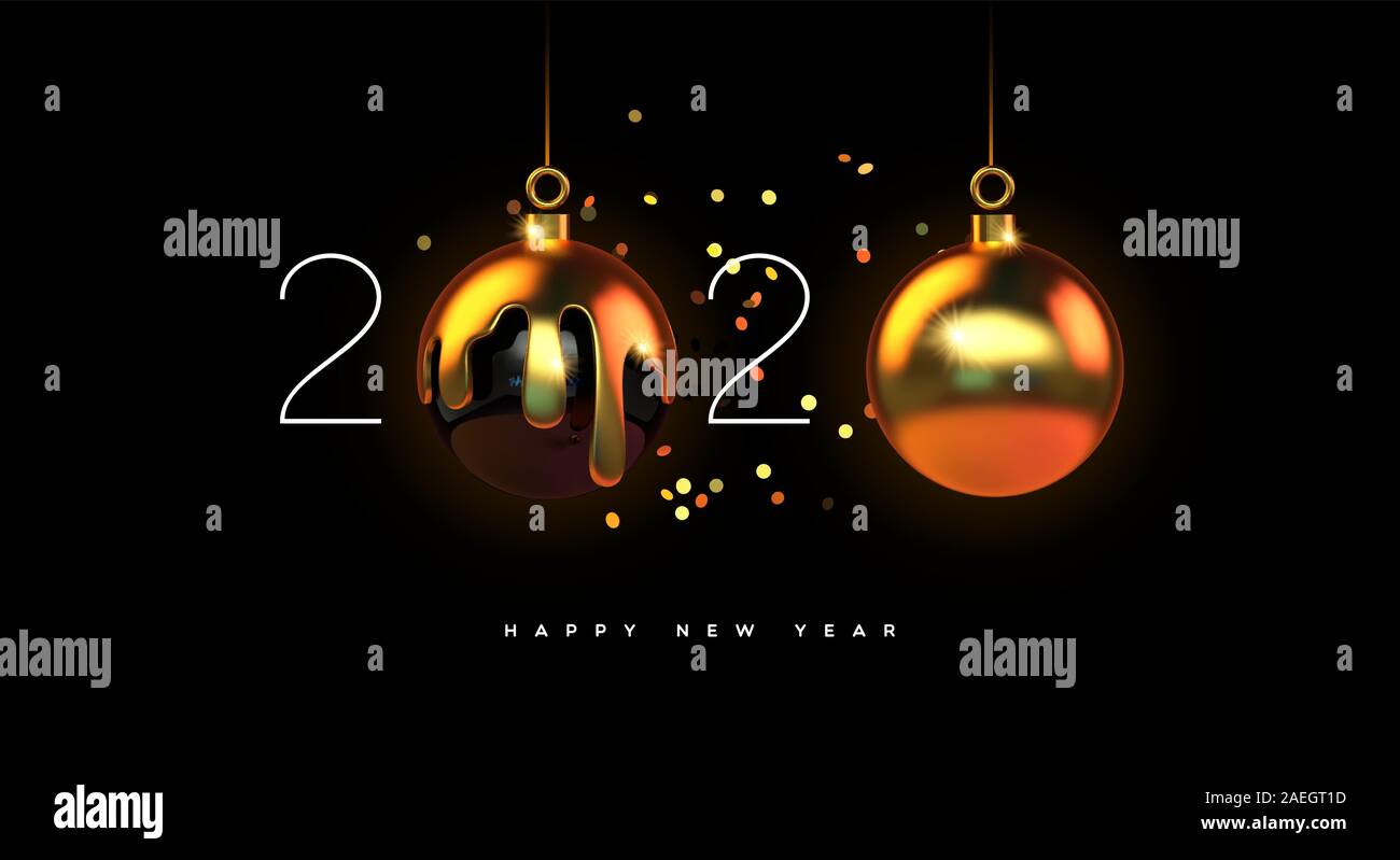 Frohes Neues Jahr 2020 Grußkarte von Luxus schwarz Weihnachtskugel Kugel Ornament in realistischer 3D-Stil mit geschmolzenem Gold machen Kalender Datum Anzahl. Elegante Cel Stock Vektor