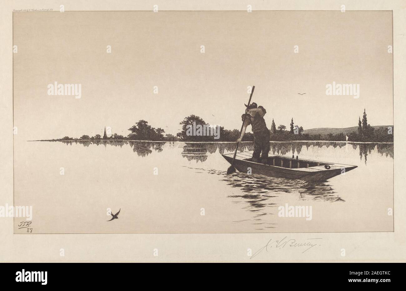 „The Ferryman“, gemalt von John T Bentley im Jahr 1887, zeigt eine Flussszene mit einem Fährmann in einem Boot, zeigt Figurenstudien und Landschaftskomposition des späten 19. Jahrhunderts. Stockfoto