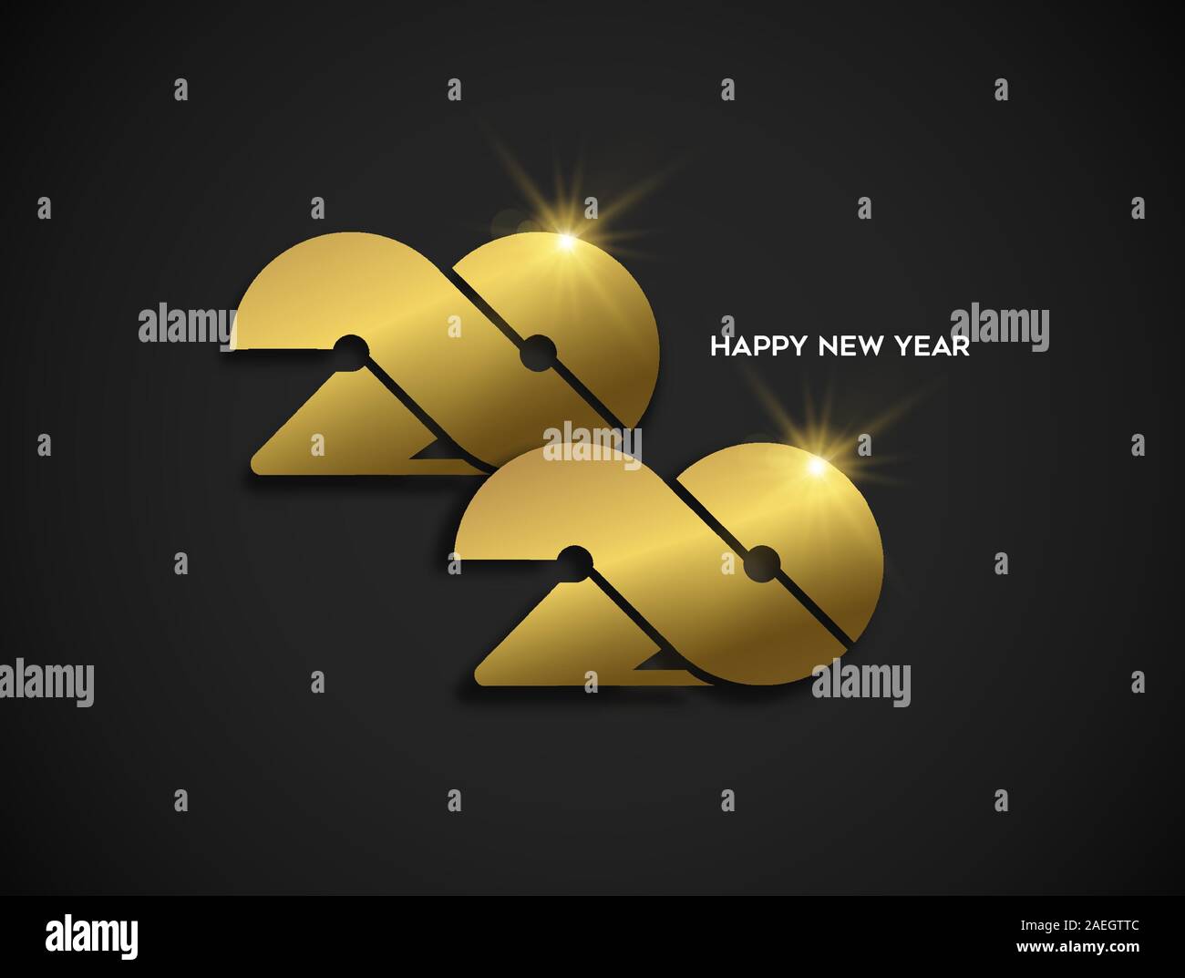 Frohes Neues Jahr 2020 Gold luxus Grußkarte Design. Moderne goldene Kalender Datum Anzahl Zeichen auf schwarzem Hintergrund. Stock Vektor