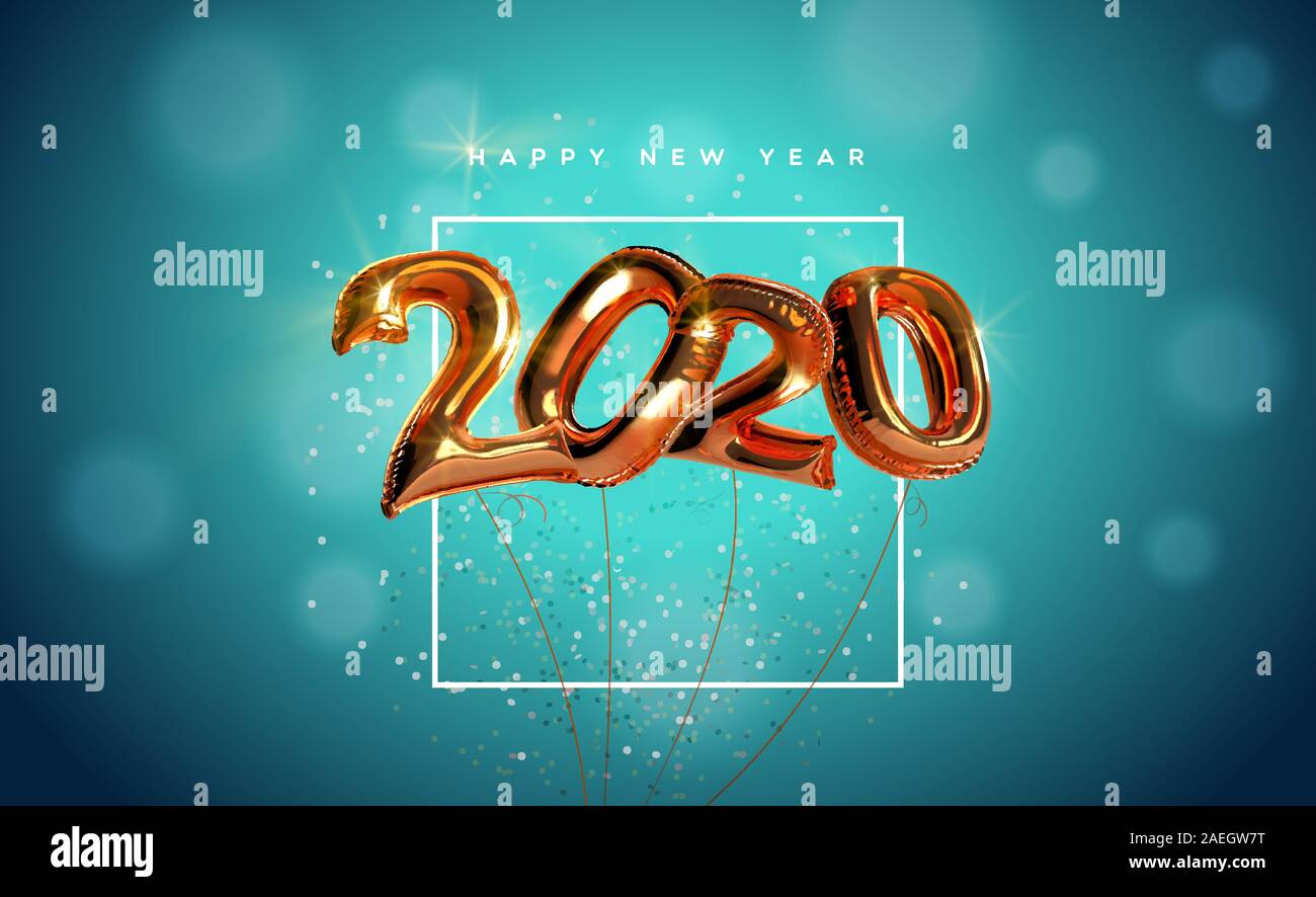 Frohes Neues Jahr 2020 Grußkarte von realistischen 3D-bronze Folien Ballon Nummer auf elegante Party Konfetti Hintergrund. Mylar balloons Typografie Zitat sig Stock Vektor