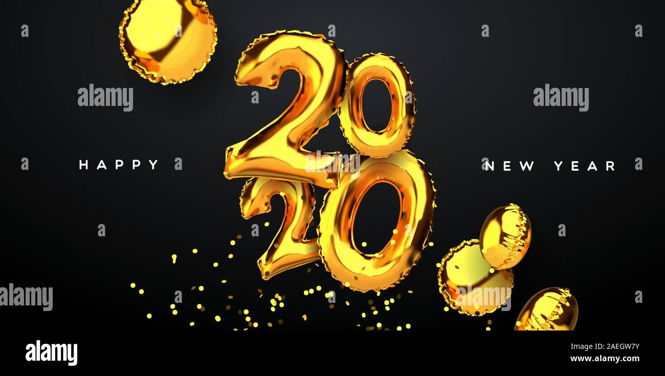 Frohes Neues Jahr 2020 Grußkarte, realistische 3d gold Ballons von Kalender Datum Anzahl mit goldenen party Konfetti auf schwarzem Hintergrund. Elegante eve sogar Stock Vektor