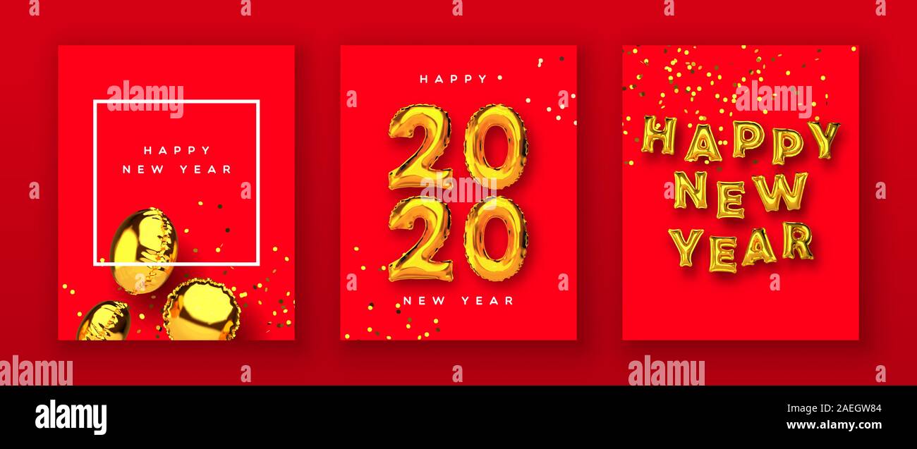 Frohes Neues Jahr Grußkarten-Set von realistischen 3d gold Folie Ballon bei festlichen roten Hintergrund mit Party Konfetti. Mylar balloons Typografie zitat Zeichen Stock Vektor
