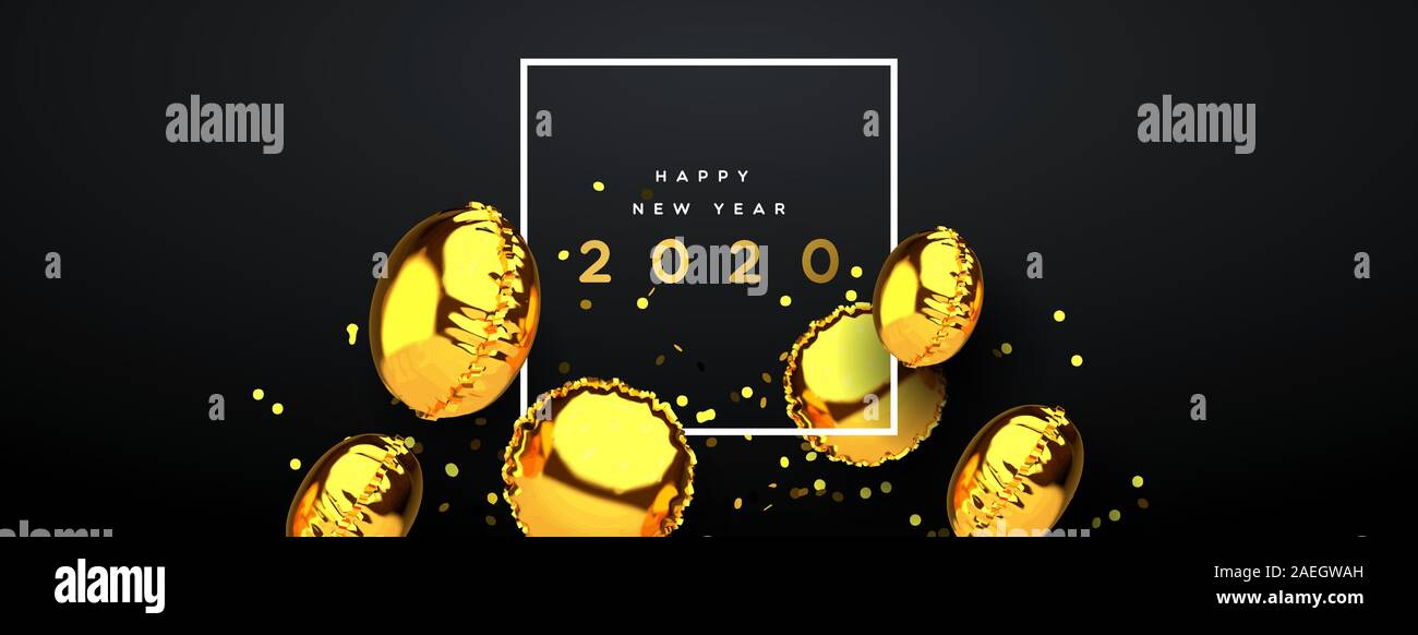 Frohes Neues Jahr Web Banner von realistischen 3d gold Folie Ballon auf eleganten schwarzen Hintergrund mit Party Konfetti. Dynamische ballons Dekoration floating desi Stock Vektor
