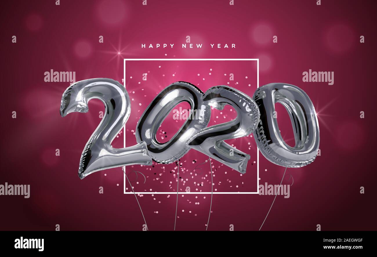 Frohes Neues Jahr 2020 Grußkarte von realistischen 3D-Silber Folien Ballon Nummer auf elegante Party Konfetti Hintergrund. Mylar balloons Typografie Zitat sig Stock Vektor