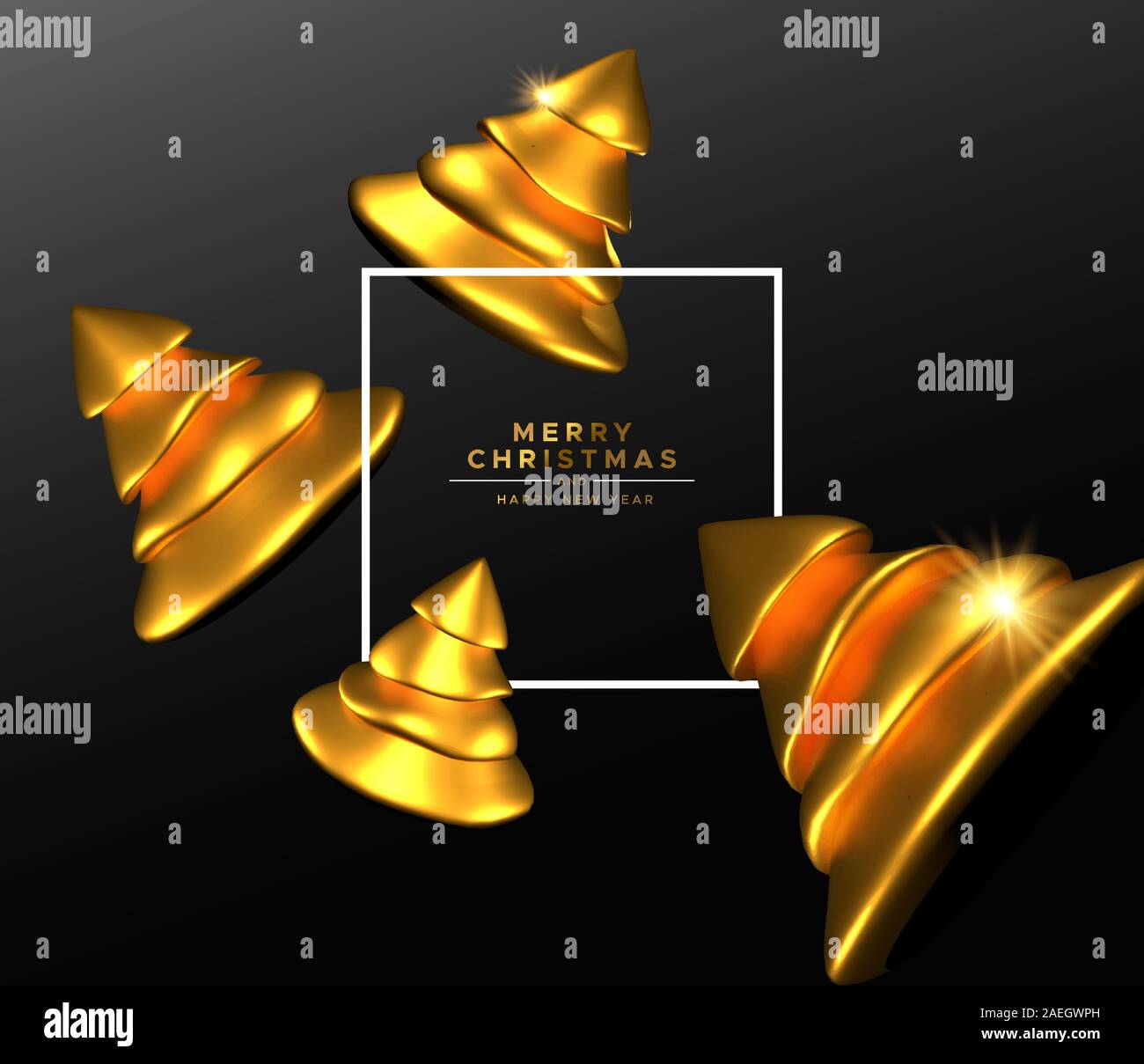 Frohe Weihnachten Frohes Neues Jahr Grußkarte, dynamic Gold 3d-Pine Tree Spielzeug der auf schwarzen Hintergrund für elegante Party Einladung oder Jahreszeiten Grüße Stock Vektor