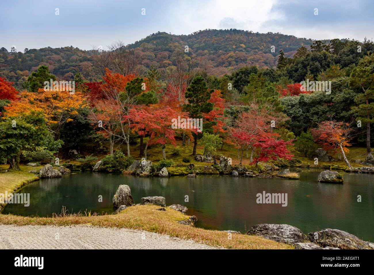 Blick auf den Garten und den See mit Herbstfarben, ursprünglich erstellt von Musō Soseki, der Tenryū-ji Zen-buddhistischen Tempel, Kyoto, Japan Stockfoto