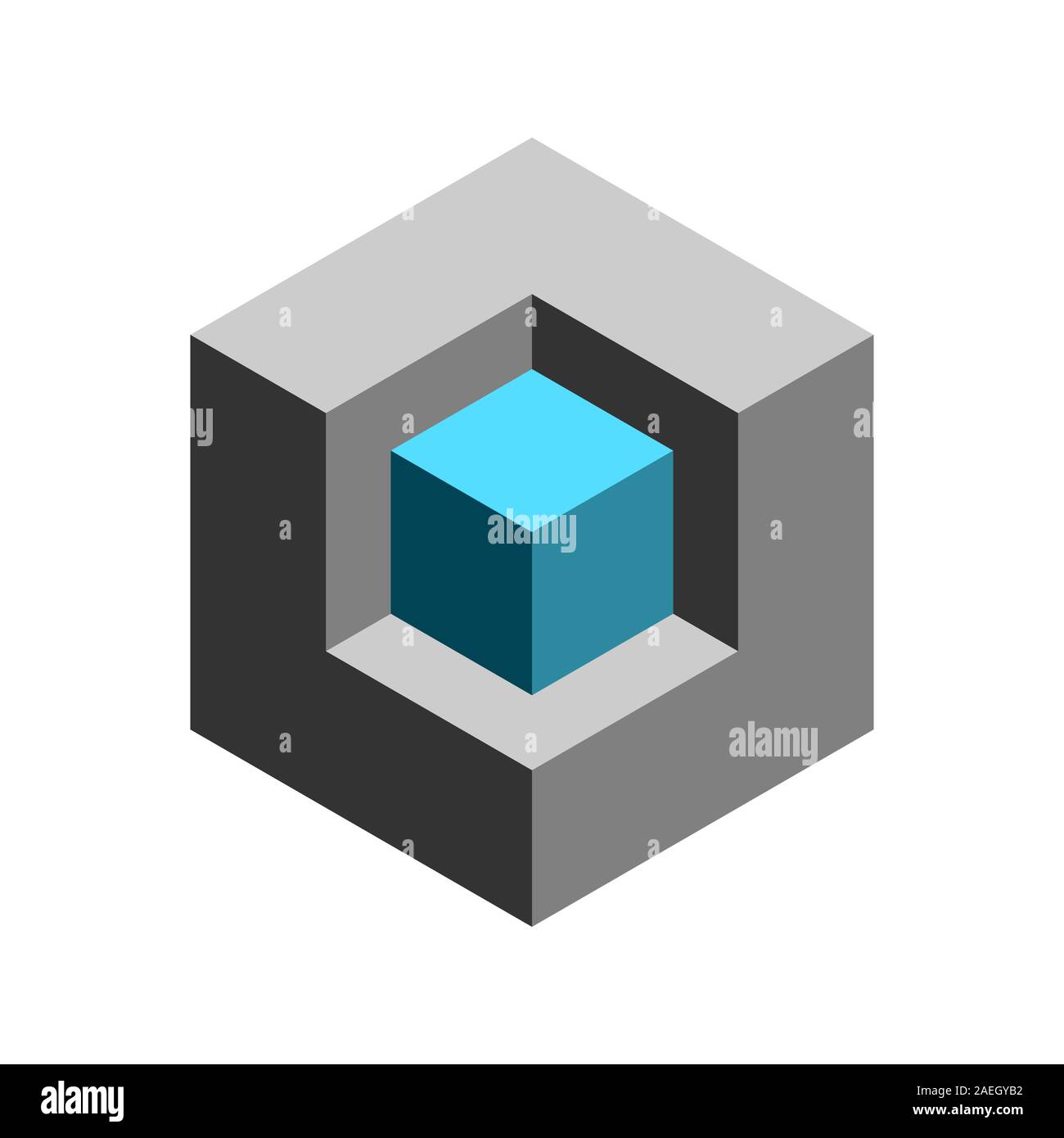 3D-Isometrie, Form. Kleine Würfel in einem großen Würfel. Abstrakte dreidimensionale Objekt. Platz geometrische Figur. Cube in einem Hexagon optische Täuschung. Vektor Stock Vektor