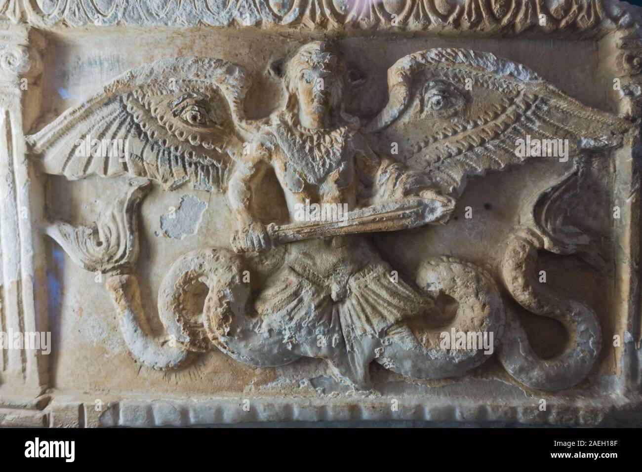Künstlerische Details von Etruskischen öffentliches Museum in Volterra, Toskana, Italien Stockfoto