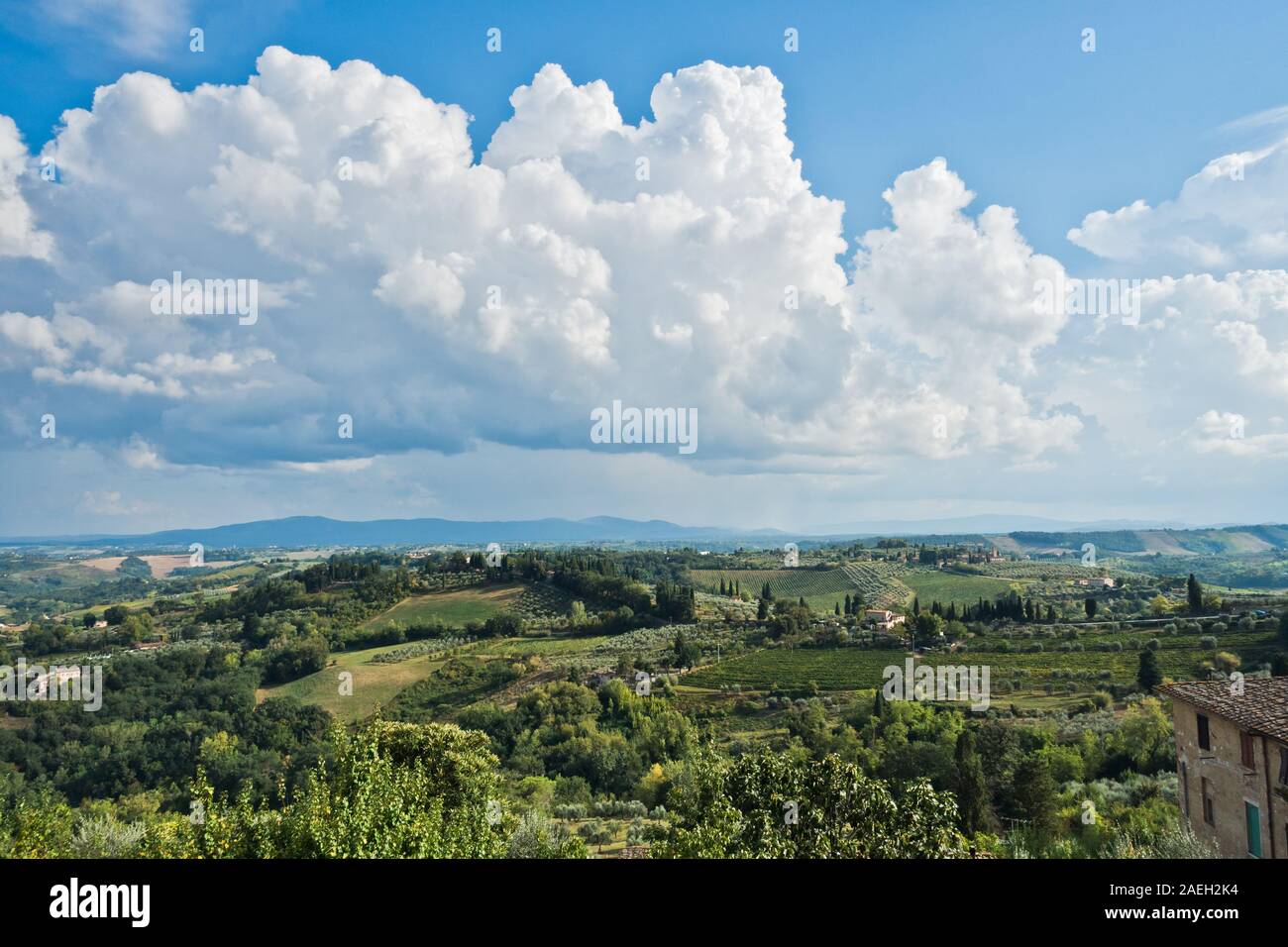 Panoramaaussicht auf Hügeln, Weinbergen, Olivenbäumen und Zypressen, Toskana Landschaft um San Gimignano, Italien Stockfoto