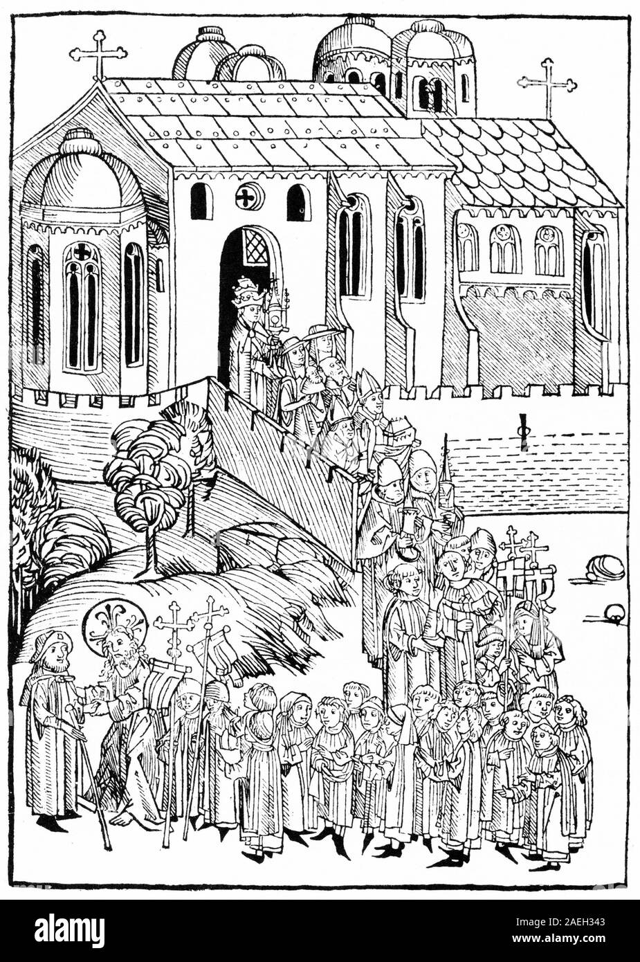 Gravieren von Katholiken und katholischen Geistlichen, nach Rang, in Deutschland im Jahr 1500. Die letzte Person, die in der Aufstellung ist ein Papst. Stockfoto
