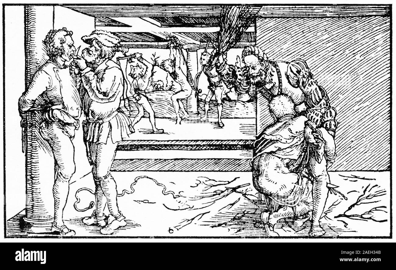Gravur der verschiedenen Strafen, die in Europa in den 1500s-Links, Zunge clipping für Diener, die Bosheit sprechen, rechts, Auspeitschen mit Stöcken, und hinten, einem anderen Auspeitschen mit einer Peitsche. Stockfoto
