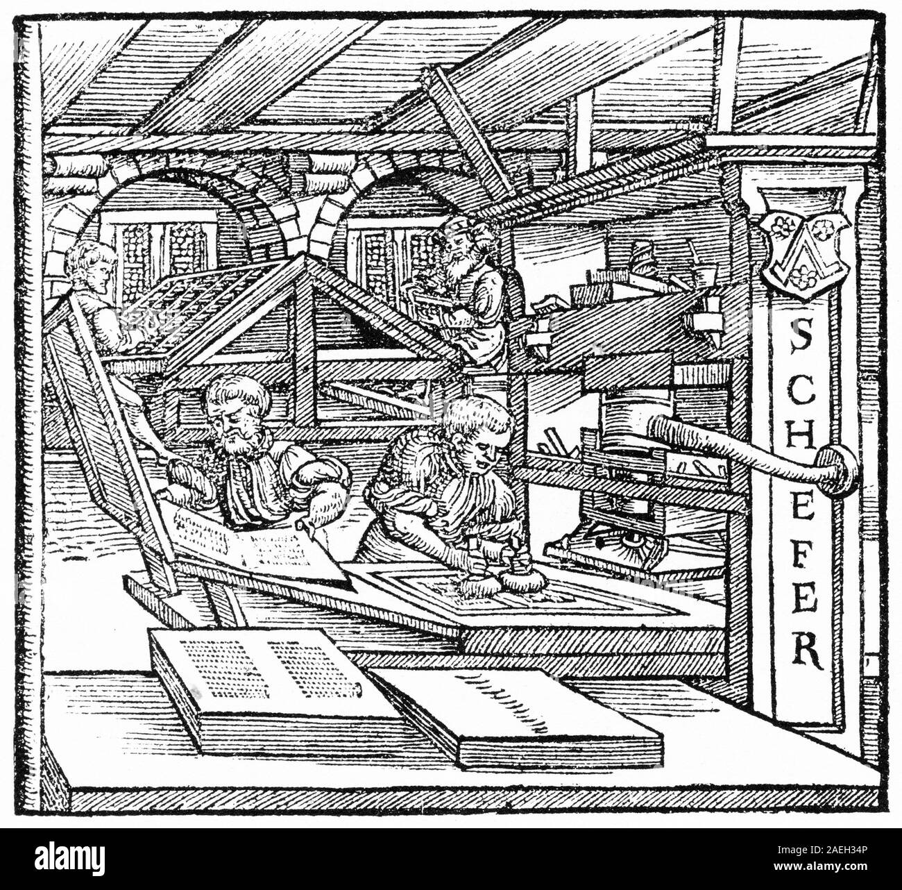 Gravur einer Druckerei im 16. Jahrhundert in Europa Stockfoto