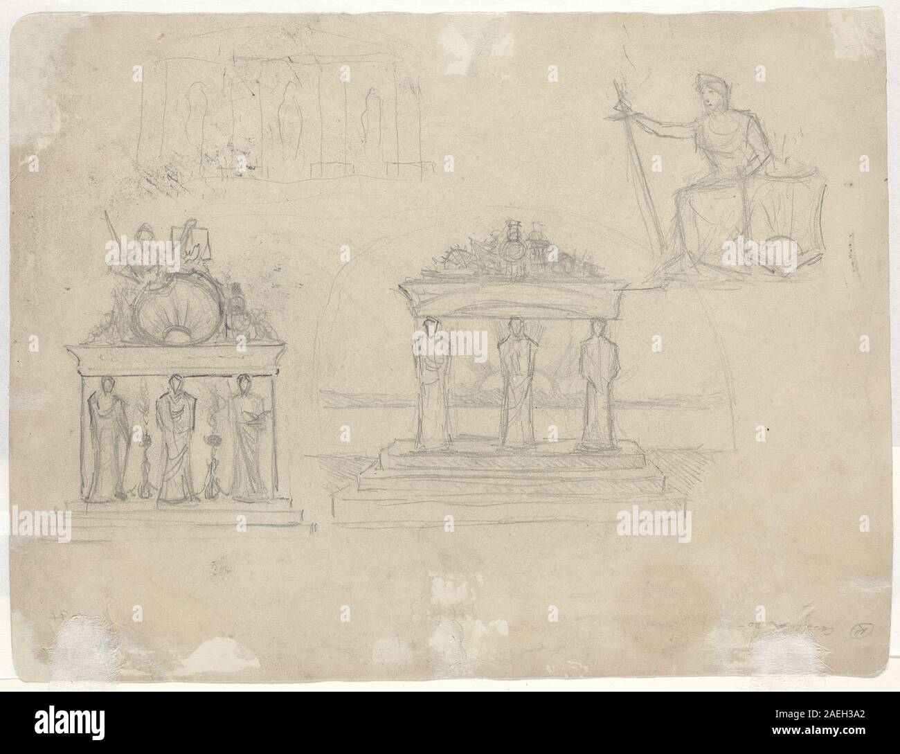 Studie von John William Casilear über klassische Tempelfassaden und eine sitzende weibliche Figur auf der Verso. Die Zeichnung betont architektonische Elemente, Symmetrie, Säulen und menschliche Form und spiegelt akademische Kunst des 19. Jahrhunderts und klassischen Einfluss wider. Stockfoto