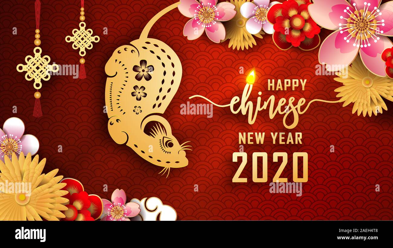 Happy Chinese New Year 2020. Das Jahr der Ratte. Chinesisches neues Jahr fortune Grußkarte grafik design Hintergrund und Tapeten. Rot und gold Papier c Stock Vektor