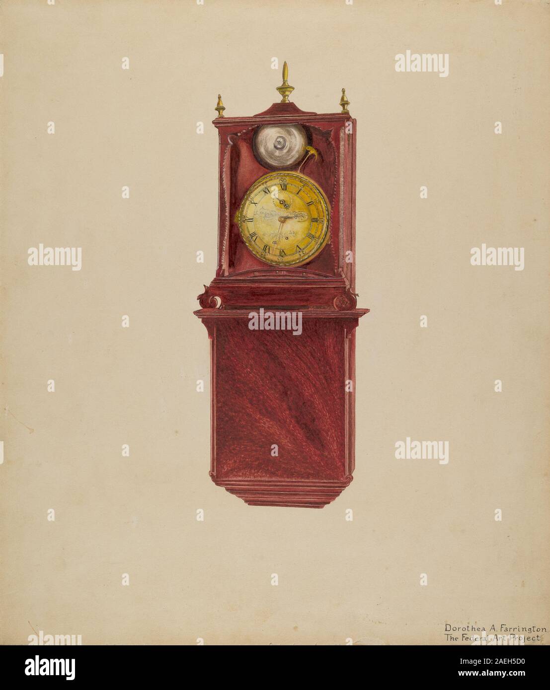 Eine antike Wanduhr von Jordan E um 1938, mit Zifferblatt, Zeiger, Zahlen, rundem Gehäuse, und mechanische Bewegung zur Zeitmessung. Stockfoto