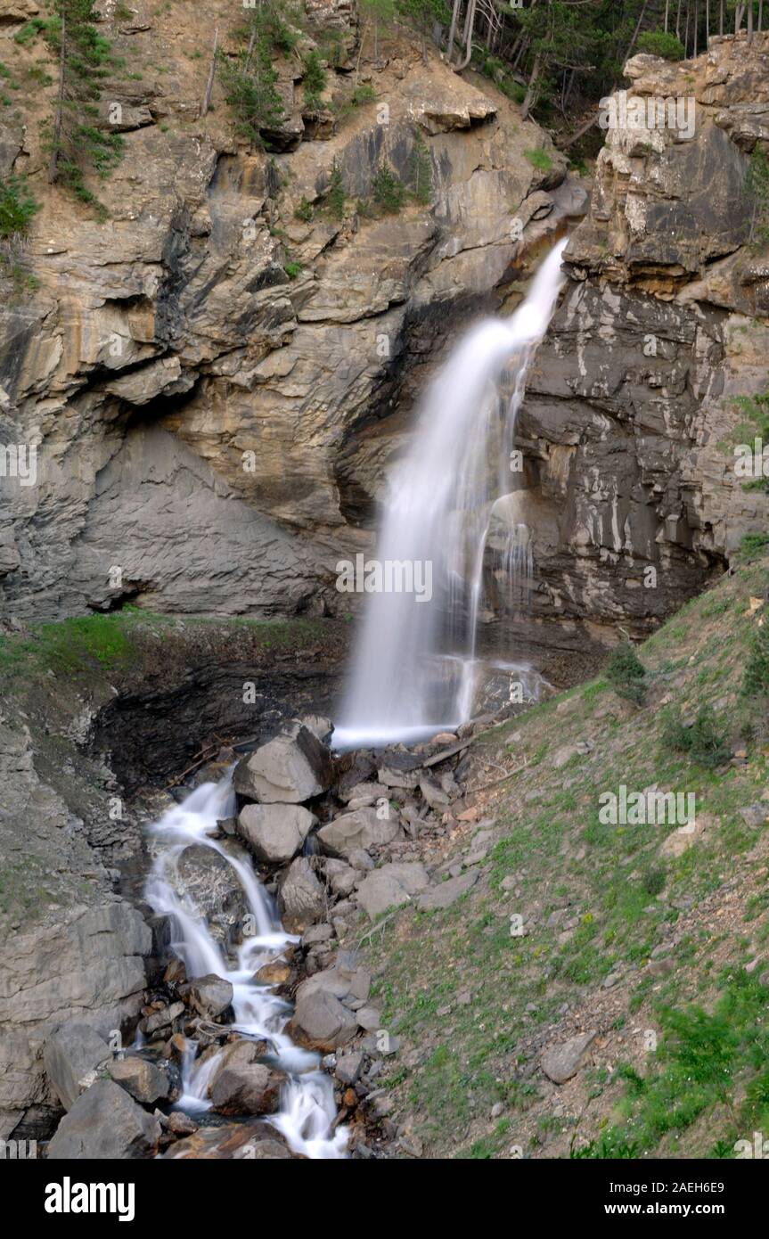 Pissoun Wasserfall oder Cascade du Pissoun, nr Jausiers, Tal der Ubaye Alpes-de-Haute-Provence Provence Frankreich Stockfoto