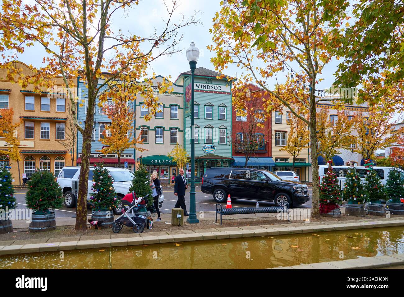 Festlich geschmückten Weihnachtsbaum und bunten store Appartement Gebäude an einem trüben Herbsttag im Windsor Town Green, Kalifornien. Stockfoto