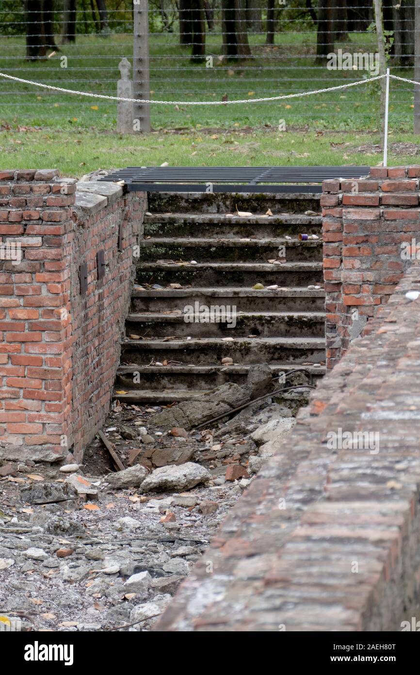 Die Verbrennungsanlagen von Krematorium II und Gaskammern in Auschwitz II-Birkenau Death Camp. Heinrich Himmler befahl die Vernichtung der Juden. Entran Stockfoto