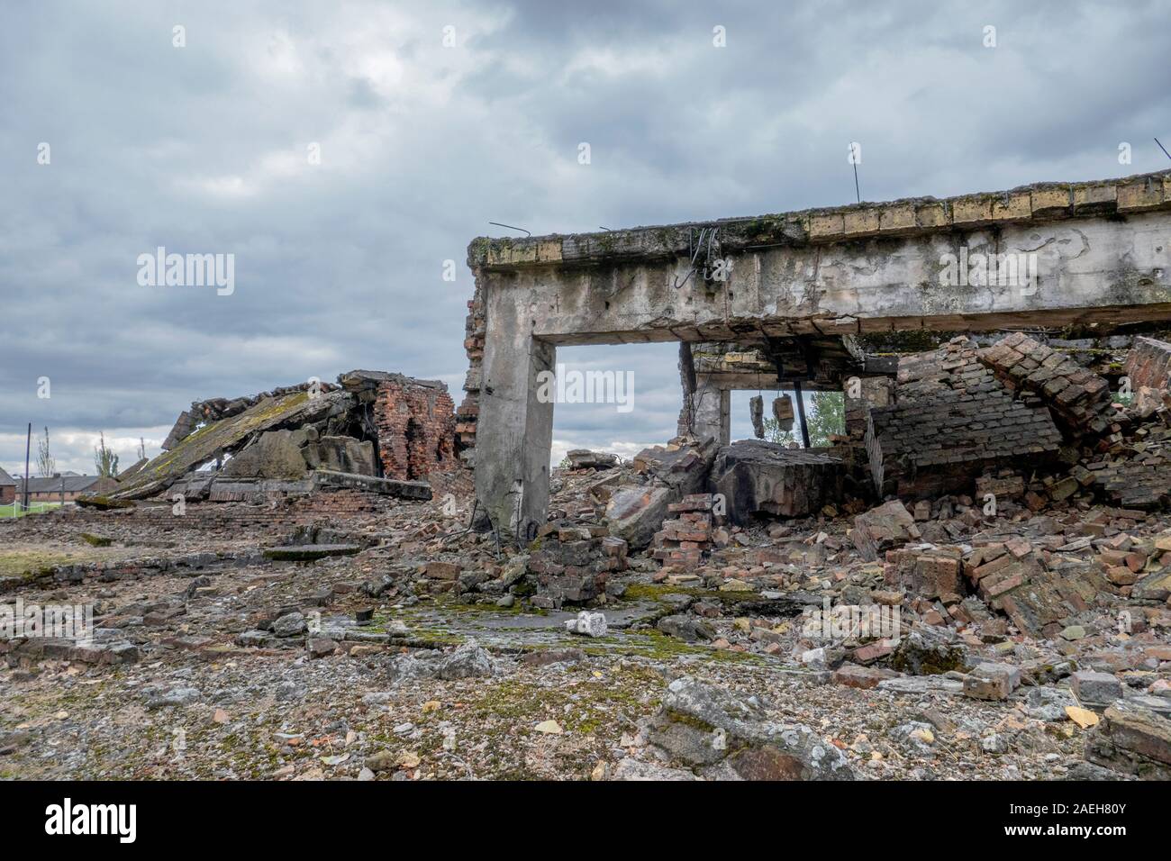 Die Verbrennungsanlagen von Krematorium II und Gaskammern in Auschwitz II-Birkenau Death Camp. Heinrich Himmler befahl die Vernichtung der Juden. Buildi Stockfoto