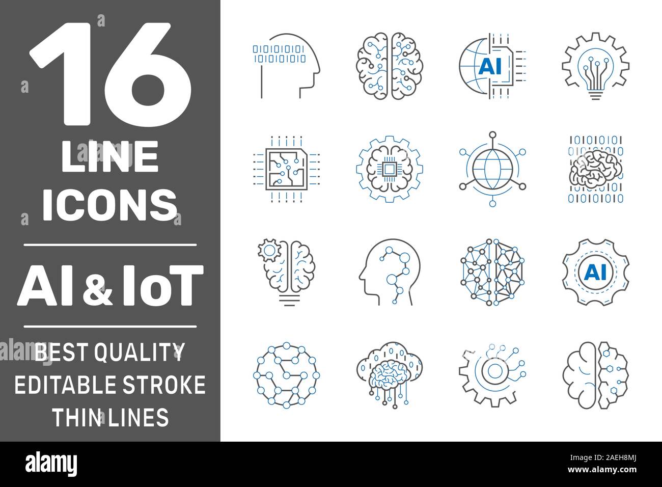 Machine Learning, AI, IoT-Zeile für Symbole. Einstellen der künstlichen Intelligenz, digitale Gehirn, automatisiertes System und mehr. Editierbare Schlaganfall. EPS 10. Stock Vektor