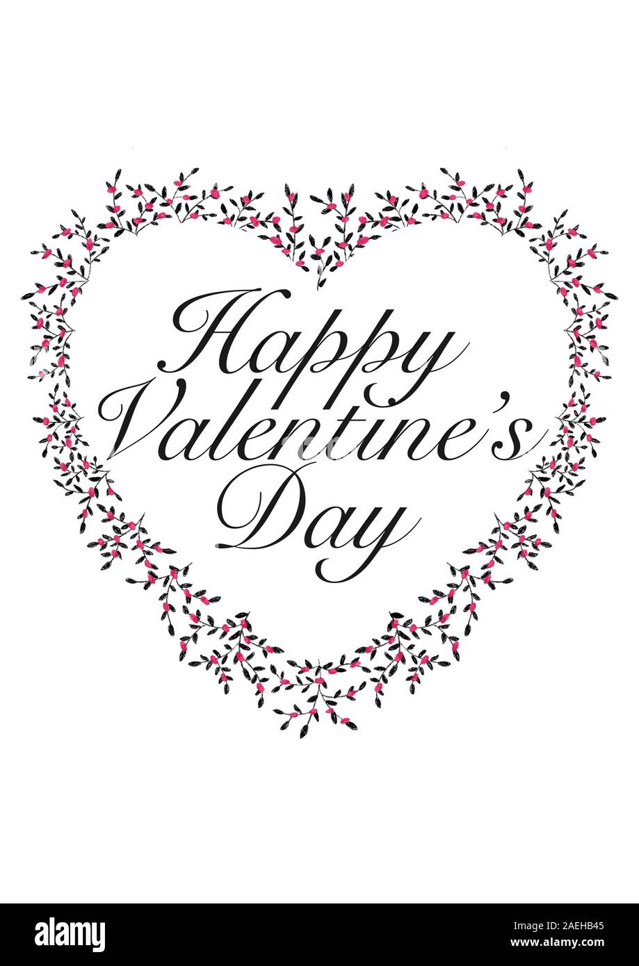 Happy Valentine's Day in Herzform Kranz auf einem weißen Hintergrund. Blumen Zweig. Handgemachte Karte. Stockfoto