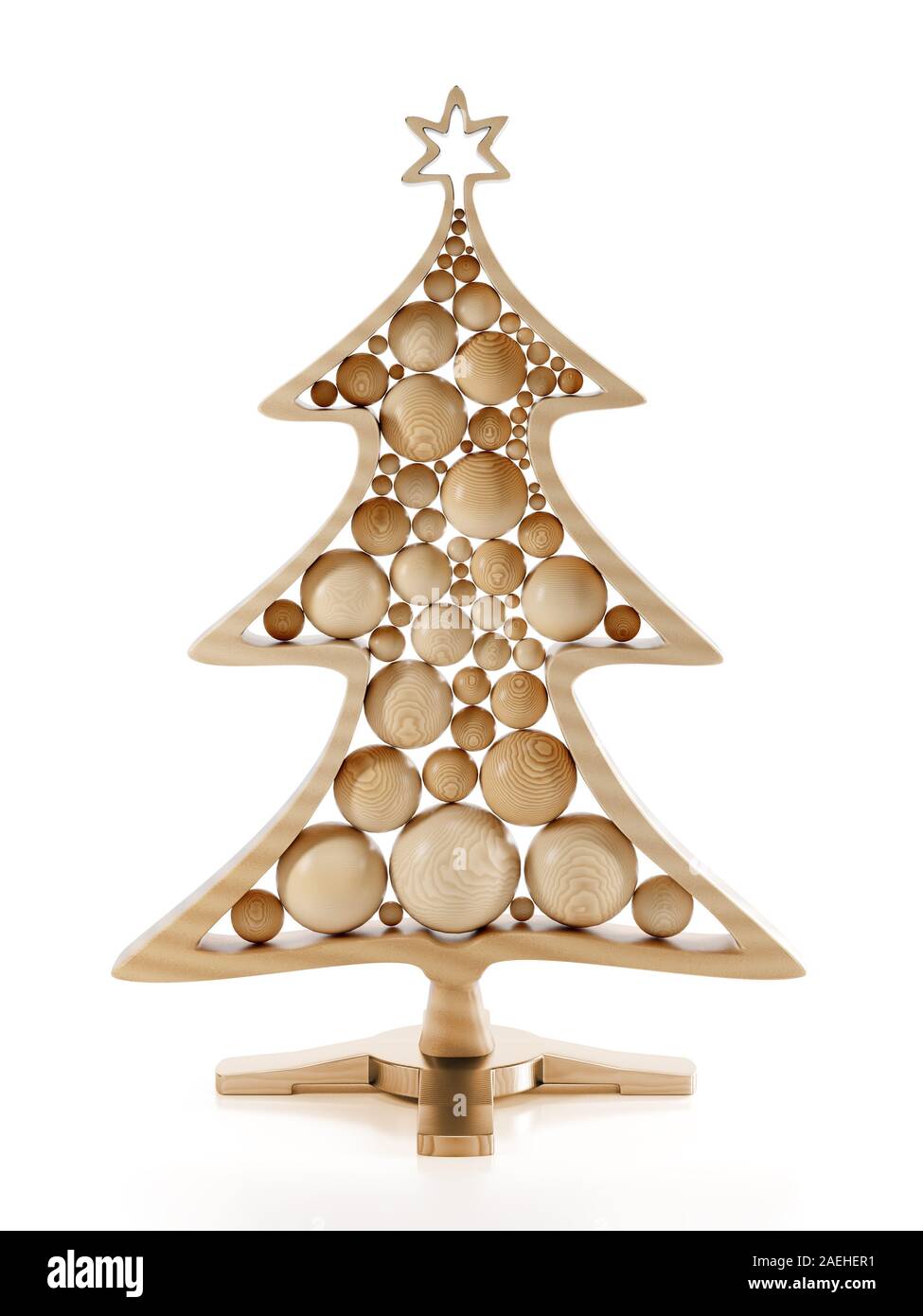 3D-Render aus Holz Weihnachtsbaum mit Kugeln auf Stand auf weißem Hintergrund Stockfoto