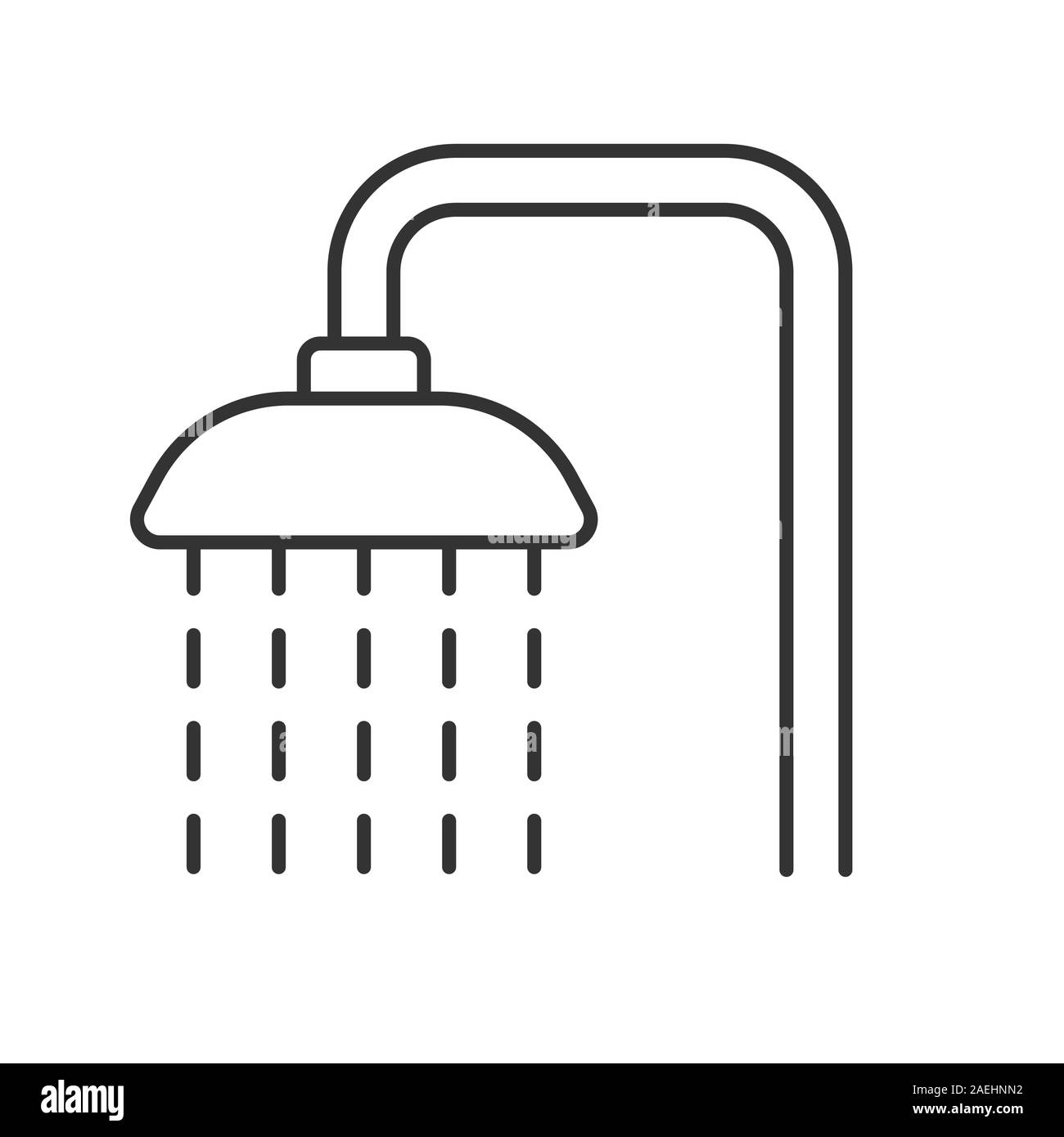 Dusche lineare Symbol. Dünne Linie Abbildung. Dusche Wasserhahn mit fließendem Wasser Kontur Symbol. Vektor isoliert Maßbild Stock Vektor