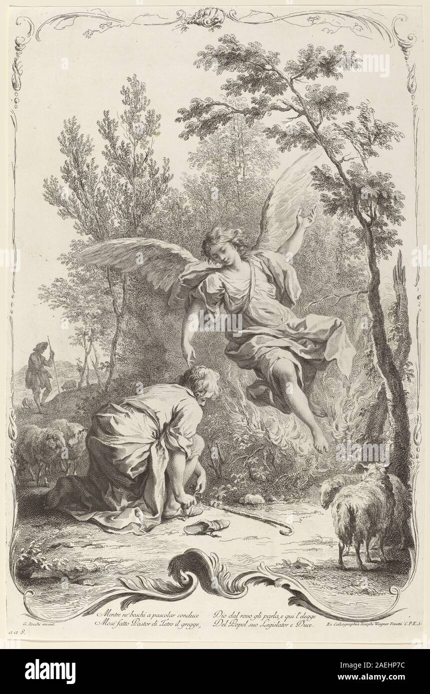 Ein von Joseph Wagner um 1745 nach Giuseppe Zocchi veröffentlichter Kupferstich mit dem Titel „Moses and the Burning Bush“, der Moses in einer biblischen Szene mit Flammen, Busch, Landschaft und religiösem Symbolismus darstellt und biblische Illustrationskonventionen des 18. Jahrhunderts illustriert. Stockfoto