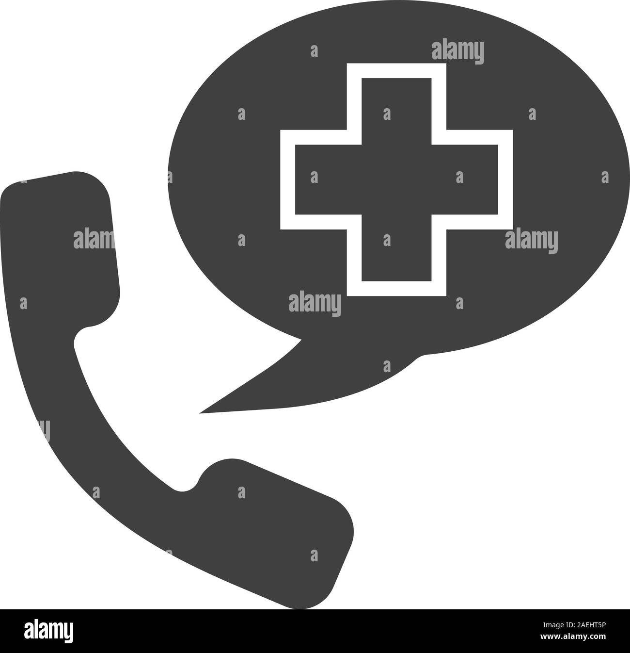 Notfall Anruf ins Krankenhaus. Glyph icon. Silhouette Symbol. Chat Box mit medizinischen Kreuz und Hörer. Negativer Platz. Vektor isoliert Abbildung Stock Vektor