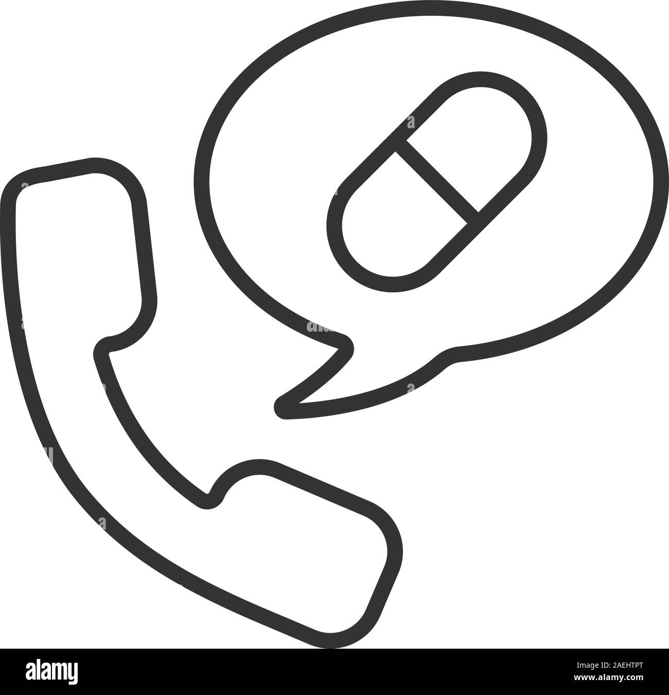 Drogen Telefon um lineare Symbol. Aufruf zur Apotheke. Dünne Linie Abbildung. Hörer mit Pille Kontur Symbol. Vektor isoliert Maßbild Stock Vektor