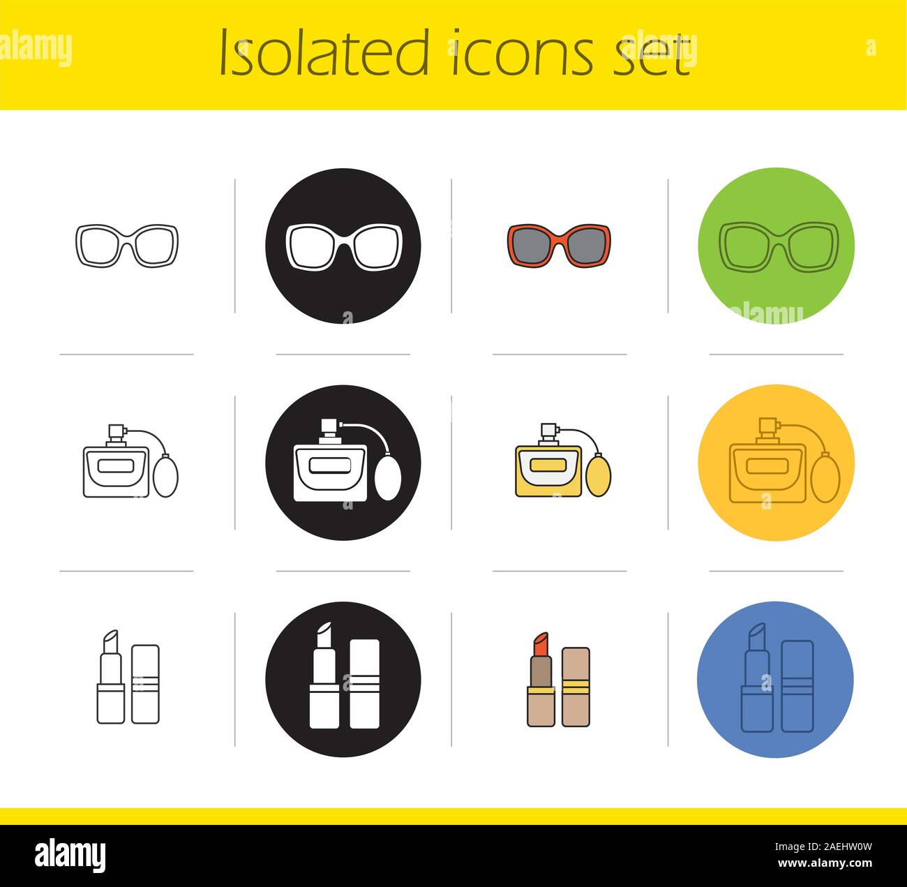 Zubehör Symbole der Frauen gesetzt. Linear, Schwarz und Farbe. Sonnenbrille, Parfüm, Lippenstift. Isolierte Vektorgrafiken Stock Vektor