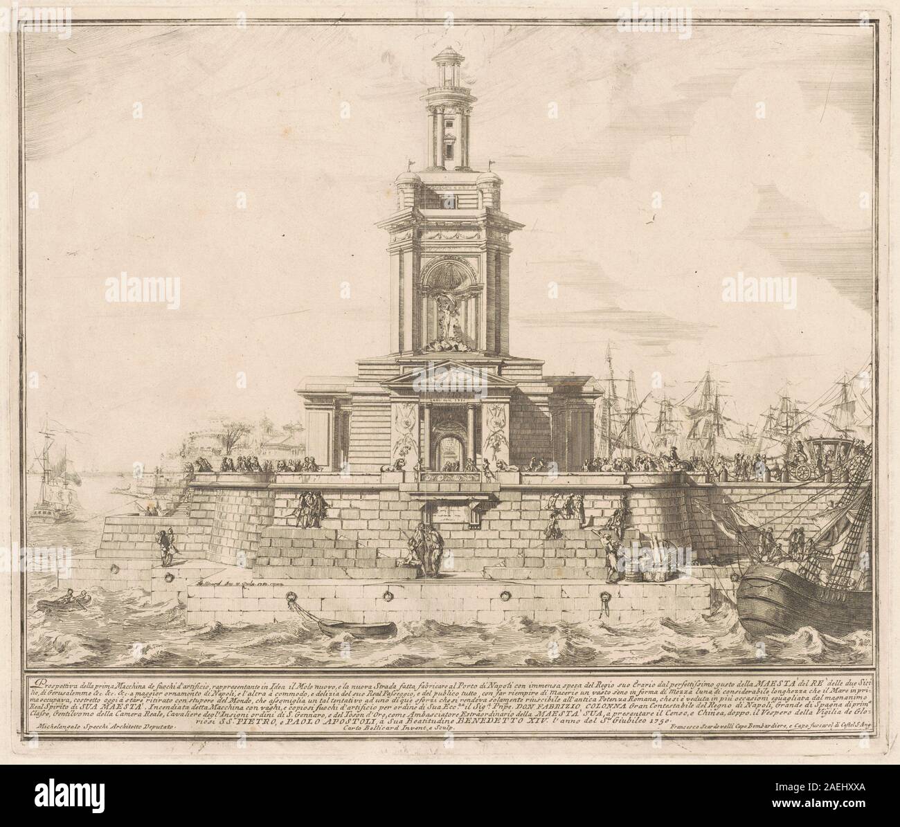 Das Prima Macchina for the Chinea of 1750: The New Pier of Neapel, 1750 von Jérôme Charles Bellicard nach Michelangelo Specchi, zeigt eine zeremonielle Architektur für das Chinea-Festival in Neapel. Das Kunstwerk betont Perspektive, strukturelle Details, architektonische Ornamente und italienische Designkonventionen aus dem 18. Jahrhundert. Stockfoto