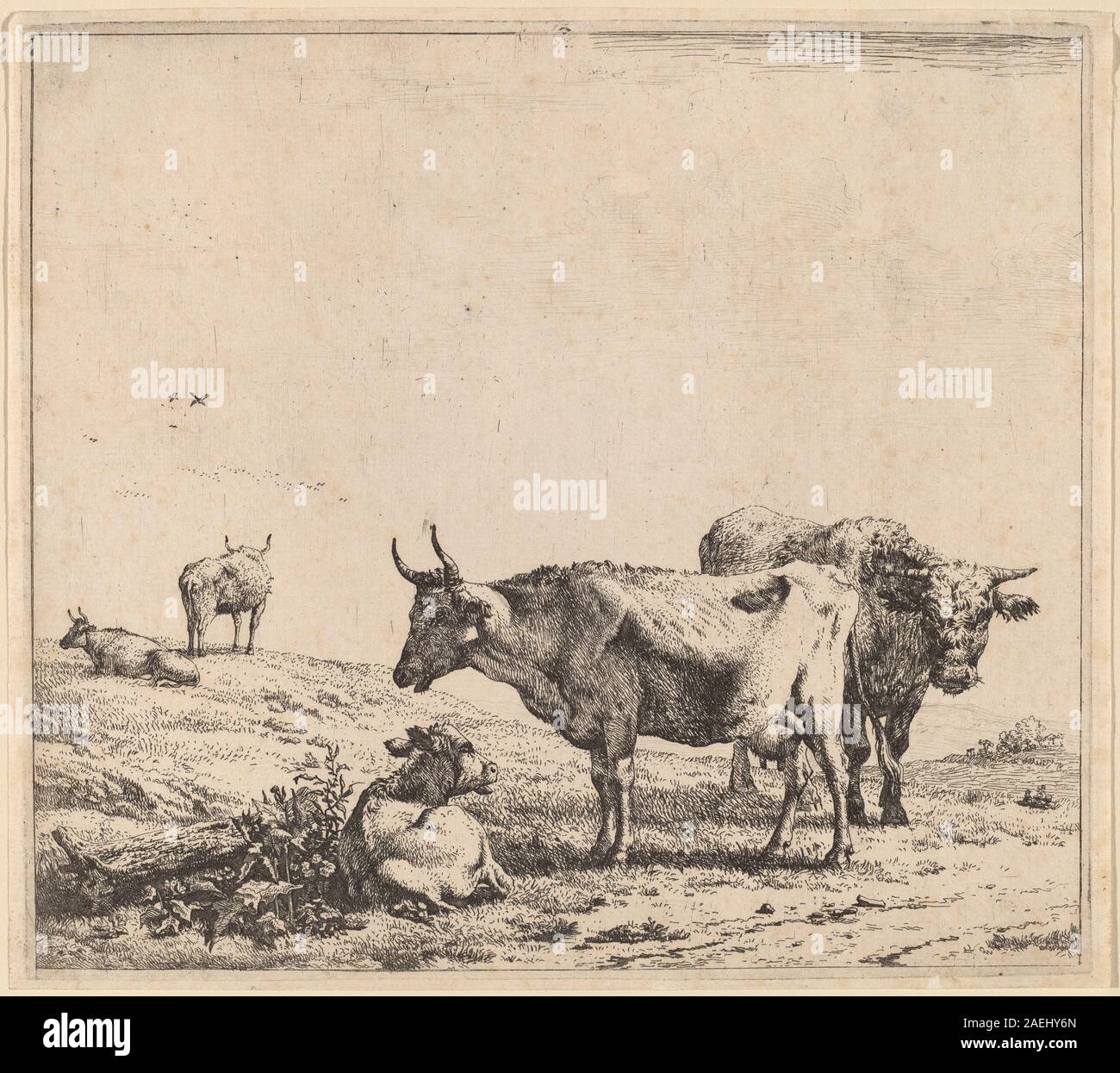 Gemälde von Karel Dujardin, das eine Kuh, einen Stier und ein Kalb in einer Hirtenlandschaft zeigt, realistische Tieranatomie, Gruppeninteraktionen und natürliche Umgebung im Freien. Stockfoto