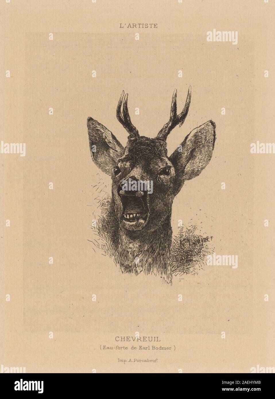 Chevreuil von Karl Bodmer zeigt ein Reh in einer natürlichen Umgebung. Das Gemälde betont realistische Tierform, Verhalten und Landschaft, die für die Wildkunst des 19. Jahrhunderts charakteristisch sind. Stockfoto