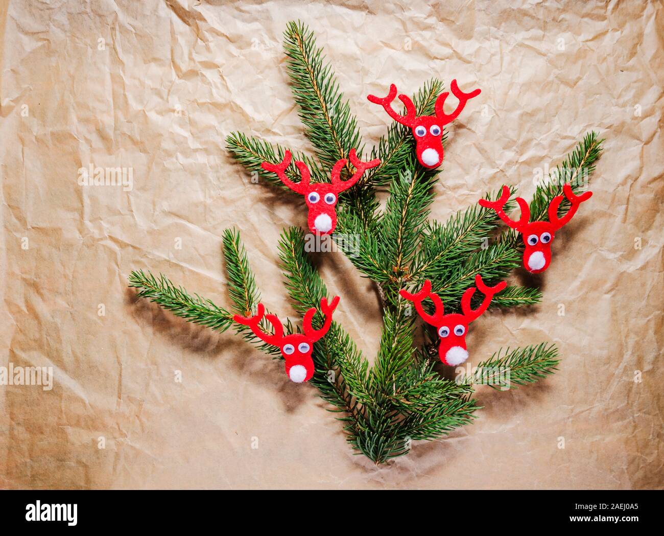 Weihnachten Dekoration, Zweige auf grauem Papier dekoriert Fichte, flach Stockfoto