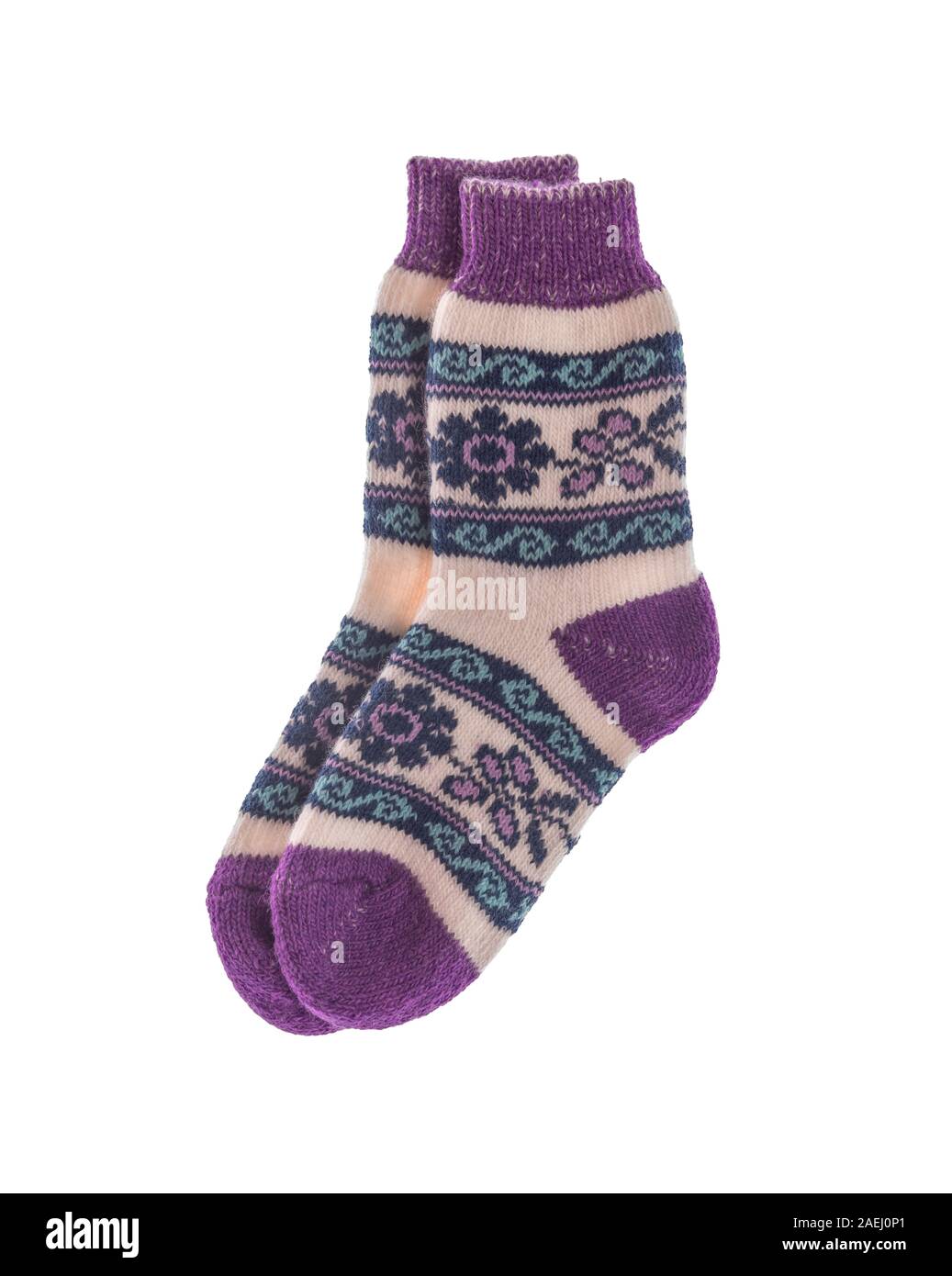 Wolle Winter Socken auf einen weißen Hintergrund. Stockfoto