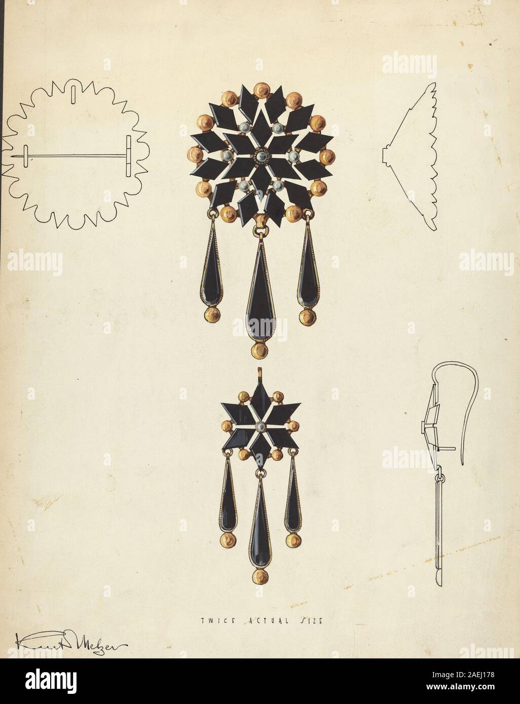 Ein von Kurt Melzer zwischen 1935 und 1942 geschaffenes Broschen- und Ohrringset mit Metallarbeiten, Designdetails, dekorativen Elementen und Schmuckhandwerk aus dem frühen 20. Jahrhundert. Stockfoto