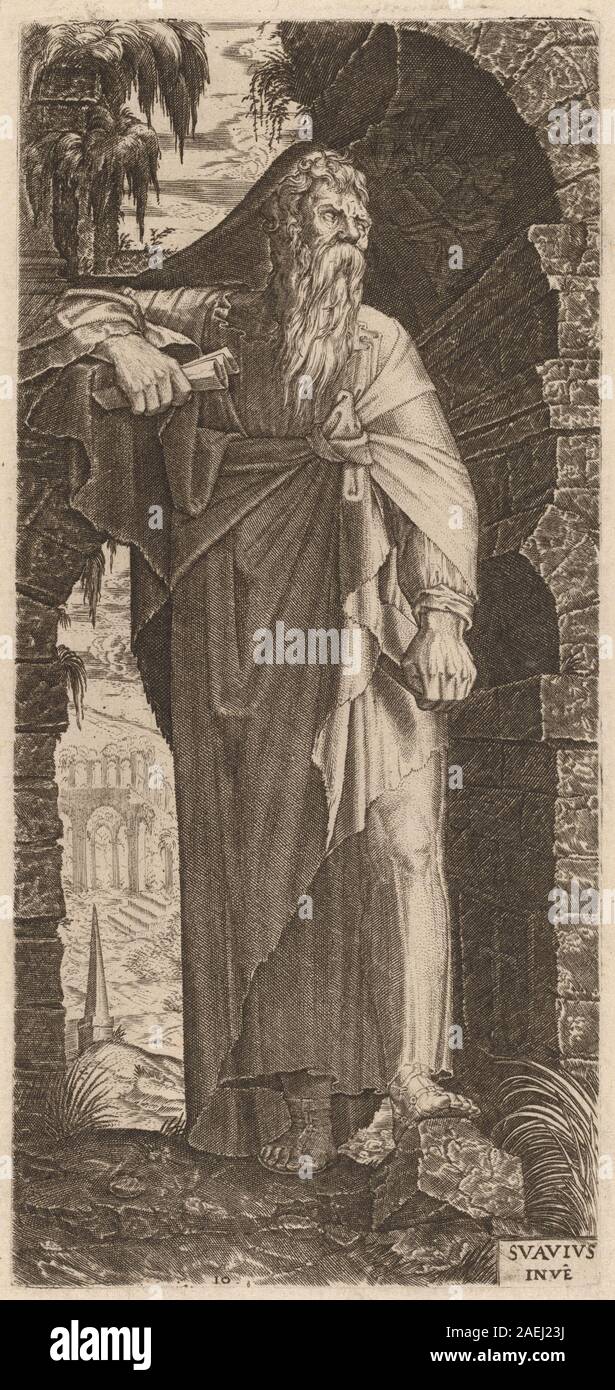Gemälde von Lambert Suavius um 1545, das den Heiligen Paulus zeigt, Gesichtszüge, religiöse Kleidung, symbolische Attribute und eine formale Pose in einem Andachtskontext zeigt. Stockfoto