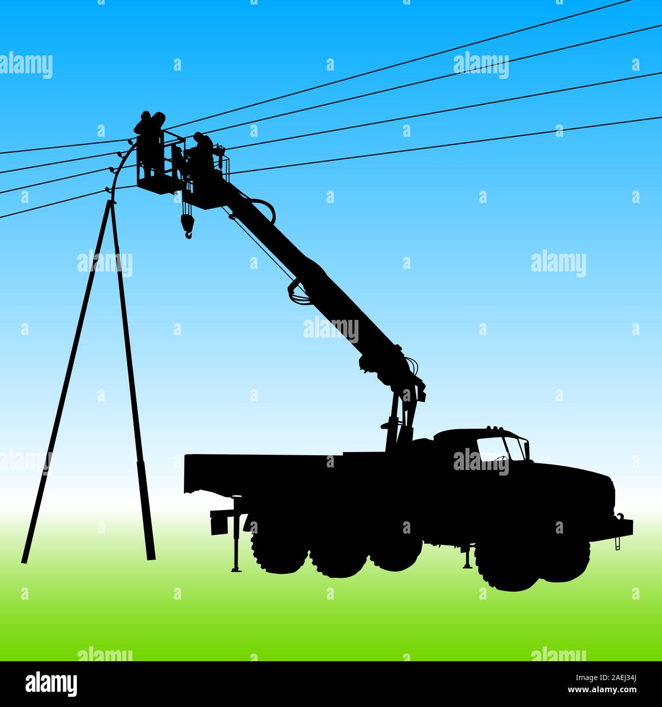 Elektriker, Reparaturen machen an einem Strommast. Vektor-Illustration. Stock Vektor