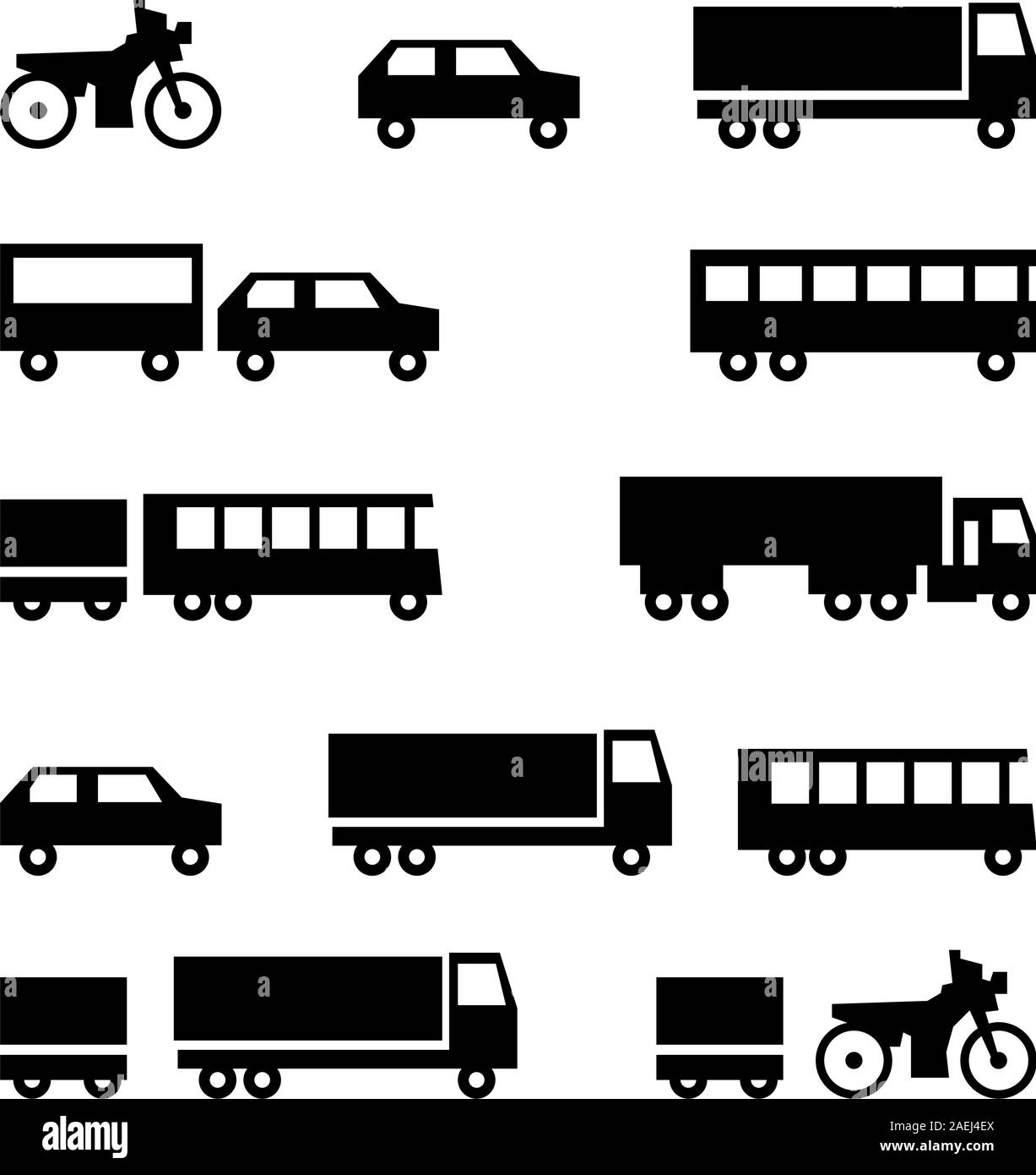 Satz von Vektor-Icons - Transport-Symbole. Schwarz auf weiß. Autos, Fahrzeuge. Karosserie &amp; Anbauteile. Stock Vektor