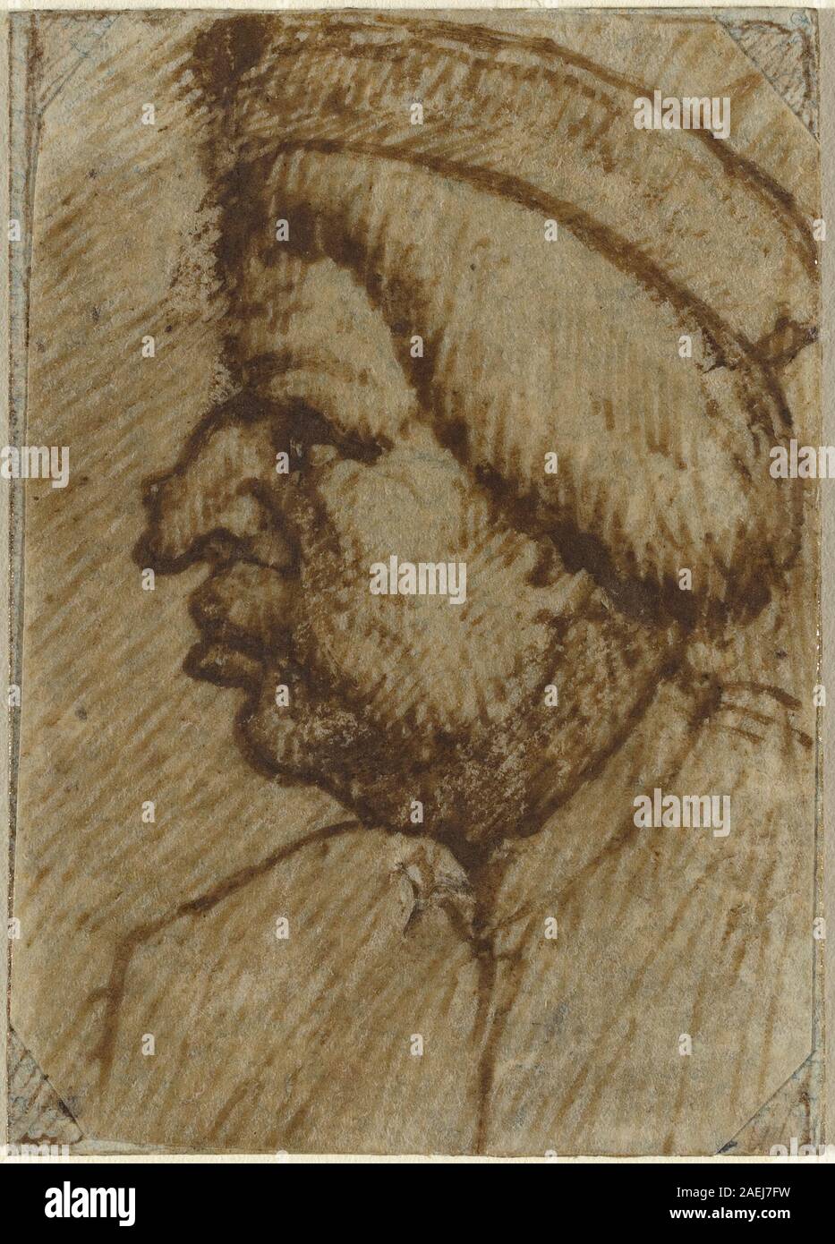 Diese lombardische Zeichnung aus dem 16. Jahrhundert zeigt ein männliches Profil, das sich auf Gesichtszüge und Kopfform konzentriert und beispielhaft für Porträttechniken aus der Renaissance in Norditalien darstellt. Stockfoto