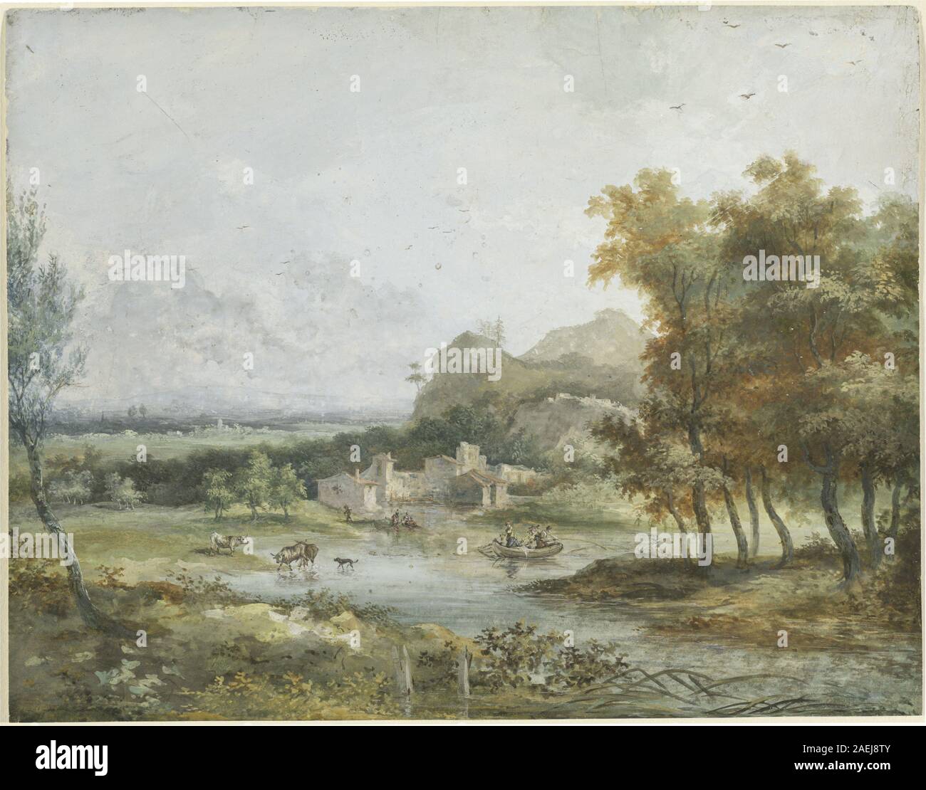 Ein italienisches Landschaftsgemälde von Louis Gabriel Moreau dem Älteren, das eine Bootsparty auf einem Fluss darstellt und natürliche Landschaften, Figuren und Wasserreflexionen zeigt. Stockfoto