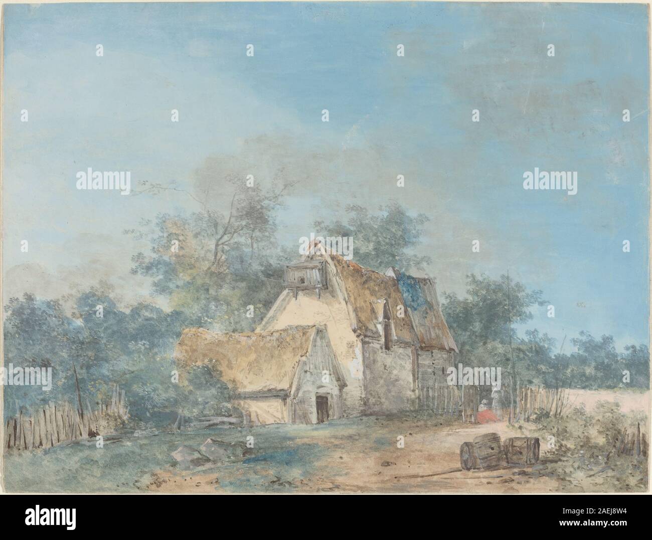 Landschaftsgemälde von Louis Gabriel Moreau, wahrscheinlich um 1780, die Naturlandschaften mit Bäumen, Feldern, Himmel und fernen Strukturen in einem realistischen europäischen Landschaftsstil zeigt. Stockfoto