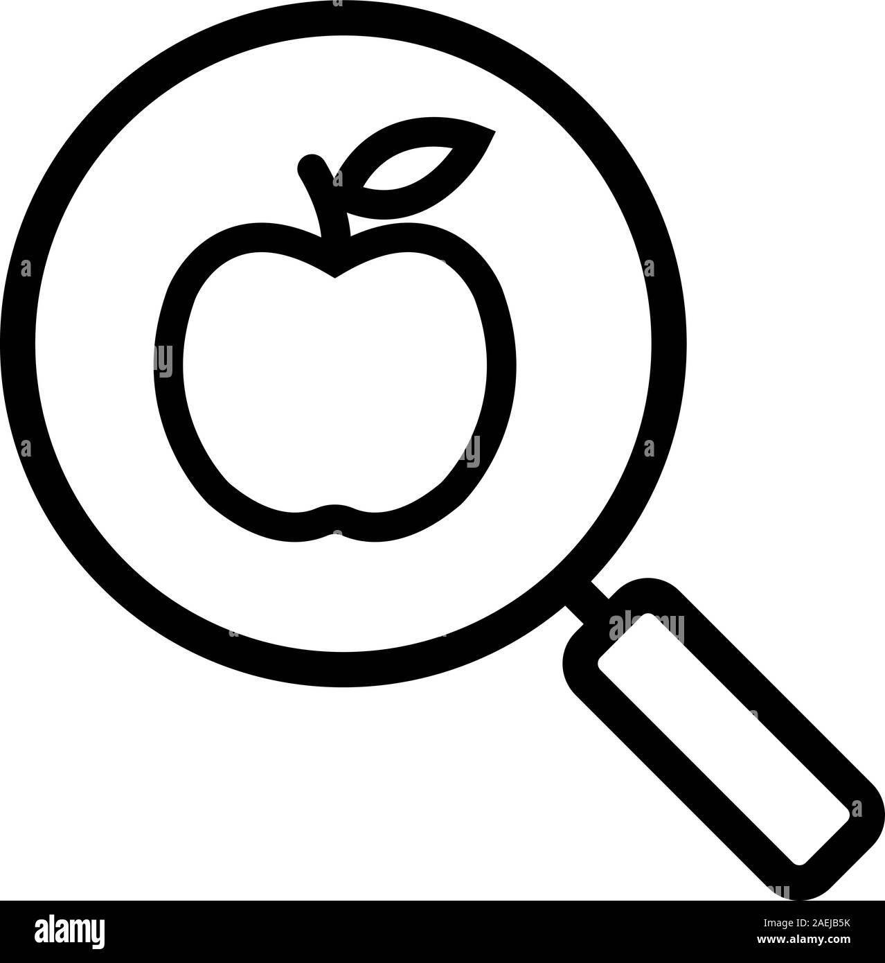 Gesunde Ernährung Suche lineare Symbol. Dünne Linie Abbildung. Lupe mit Apple. Diät Kontur Symbol. Vektor isoliert Maßbild Stock Vektor