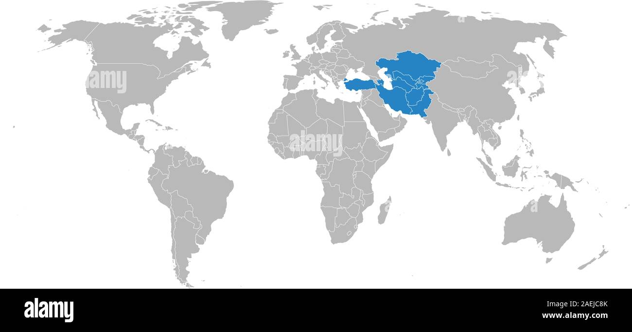 ECO-asiatischen politischen Landkarte Vector Illustration. Organisation für wirtschaftliche Zusammenarbeit der Länder zunächst mit der Türkei, Iran und Pakistan. Stock Vektor