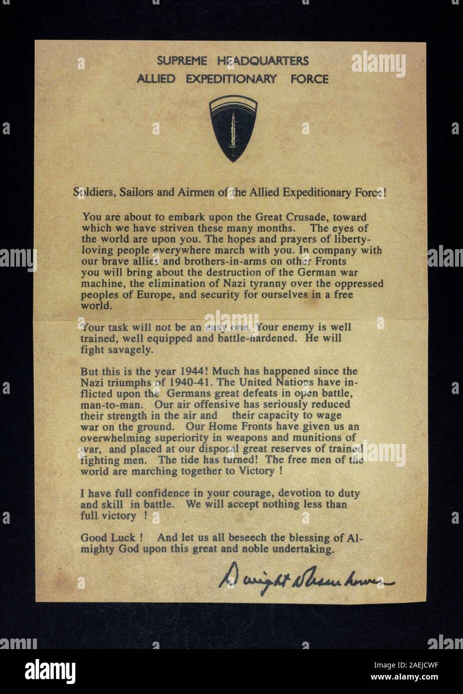 Dwight Eisenhowers Botschaft zu den Landungen des D-Day, Juni 1944: Replikat-Memorabilien des zweiten Weltkriegs in Bezug auf Amerikaner ("Yanks") in Großbritannien. Stockfoto