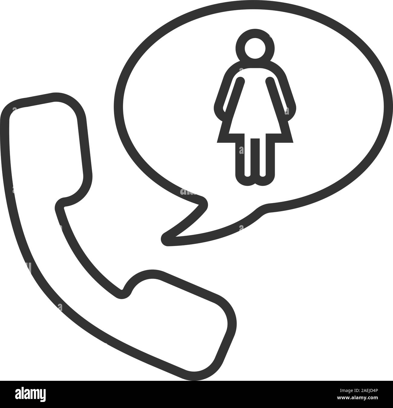 Telefon sprechen Sie über Frau lineare Symbol. Dünne Linie Abbildung. Hörer mit Mädchen in Sprechblase. Kontur Symbol. Vektor isoliert Maßbild Stock Vektor
